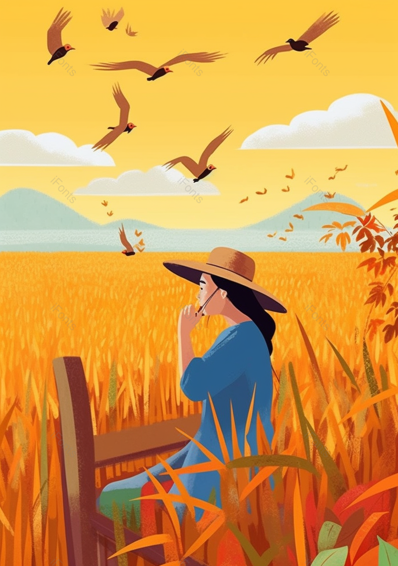 金色麦田麦子里女孩和一群小鸟插画,插画/手绘图,插画/手绘图库,插画/手绘图下载,插画/手绘